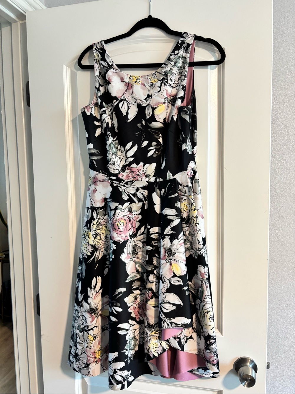 White House Black Market Black Floral High-Low Dress with Pink & Cream Accents